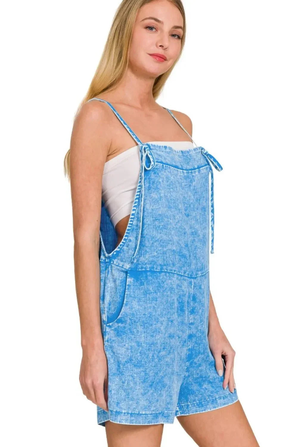 Zenana Washed Linen Knot Strap Rompers.